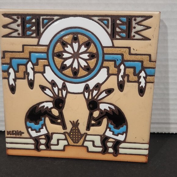 Vintage Earthtones 1996 Handcrafted Ceramic Tile Trivet Two Kokopelli Figures - Picture 1 of 5